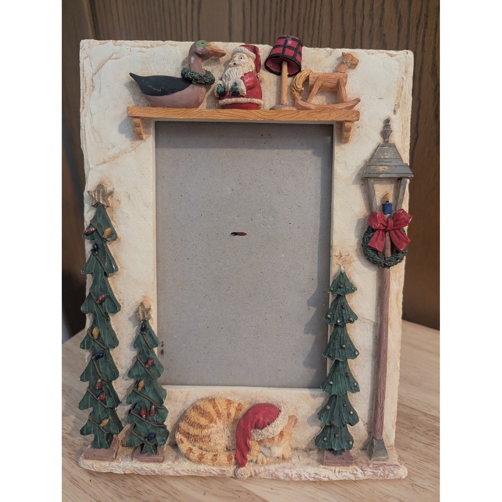 Christmas Holiday Resin Picture Frame Sleeping Cat Santa Trees 3D Tabletop Decor